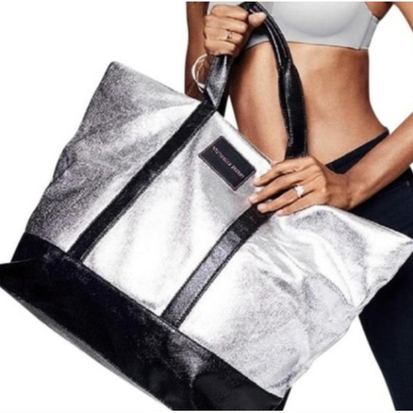 NEW Victoria’s Secret silver metallic & black bag - Picture 1 of 12